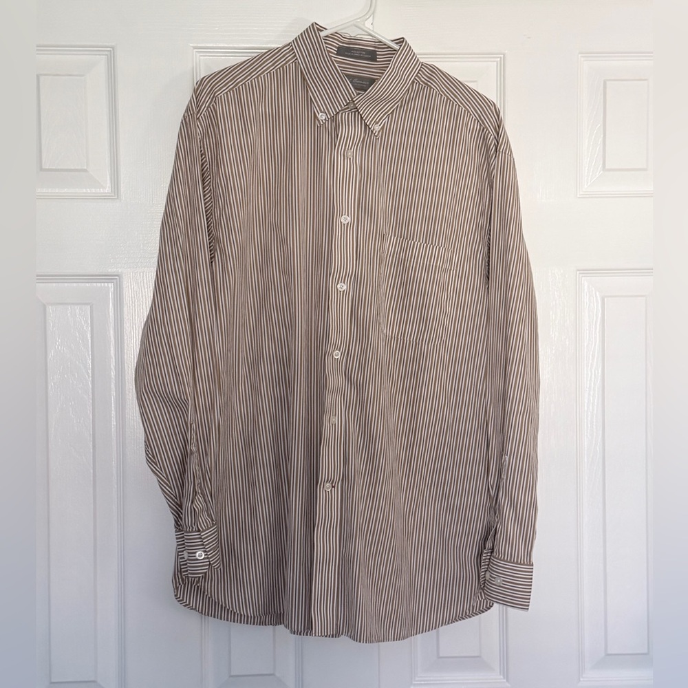 Daniel Cremieux cotton tan and brown, Striped Men's Shirt, Size large.